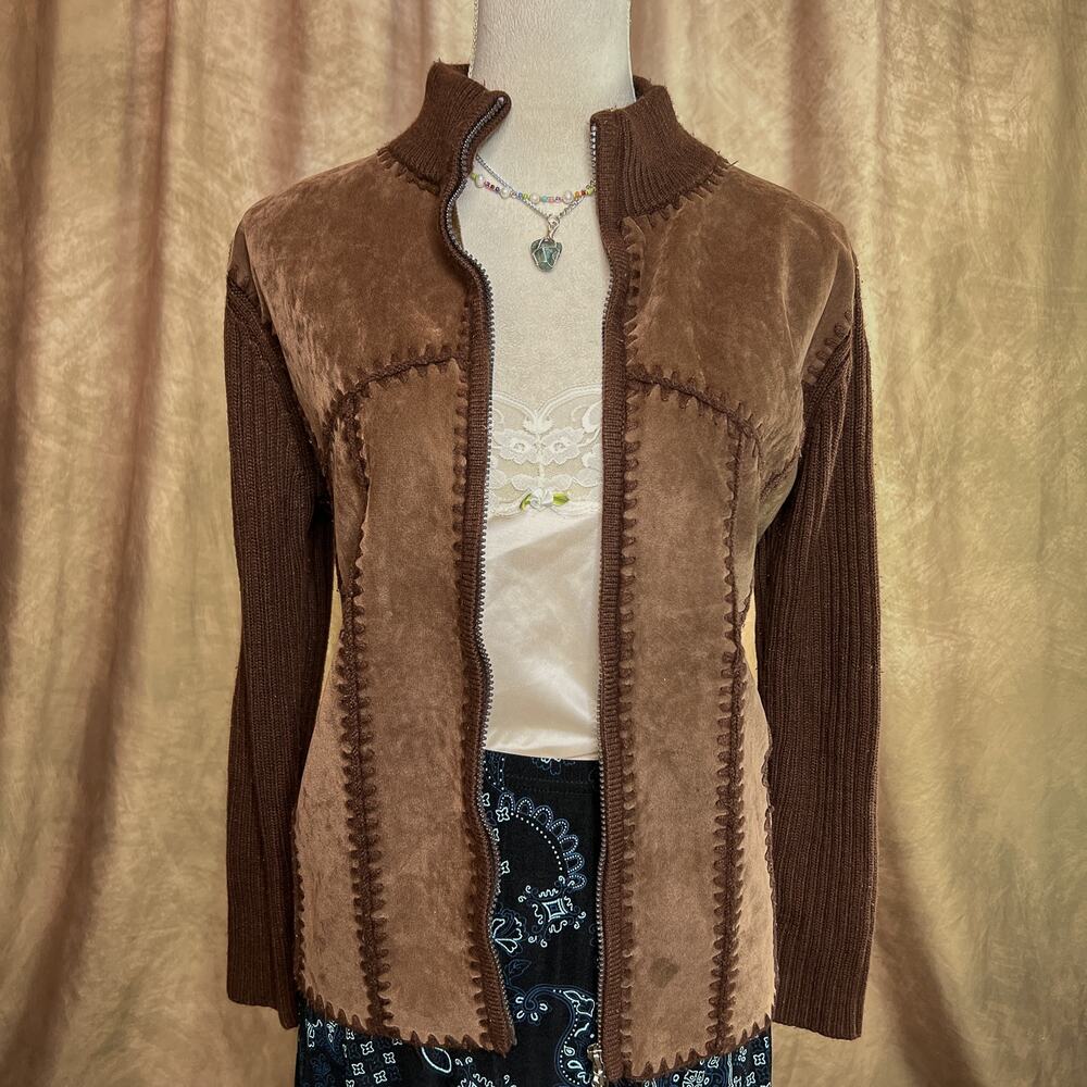 Vintage Patchwork Jacket 90s Zip Up Brown Panel Stitched Knit Grunge Biker Moto